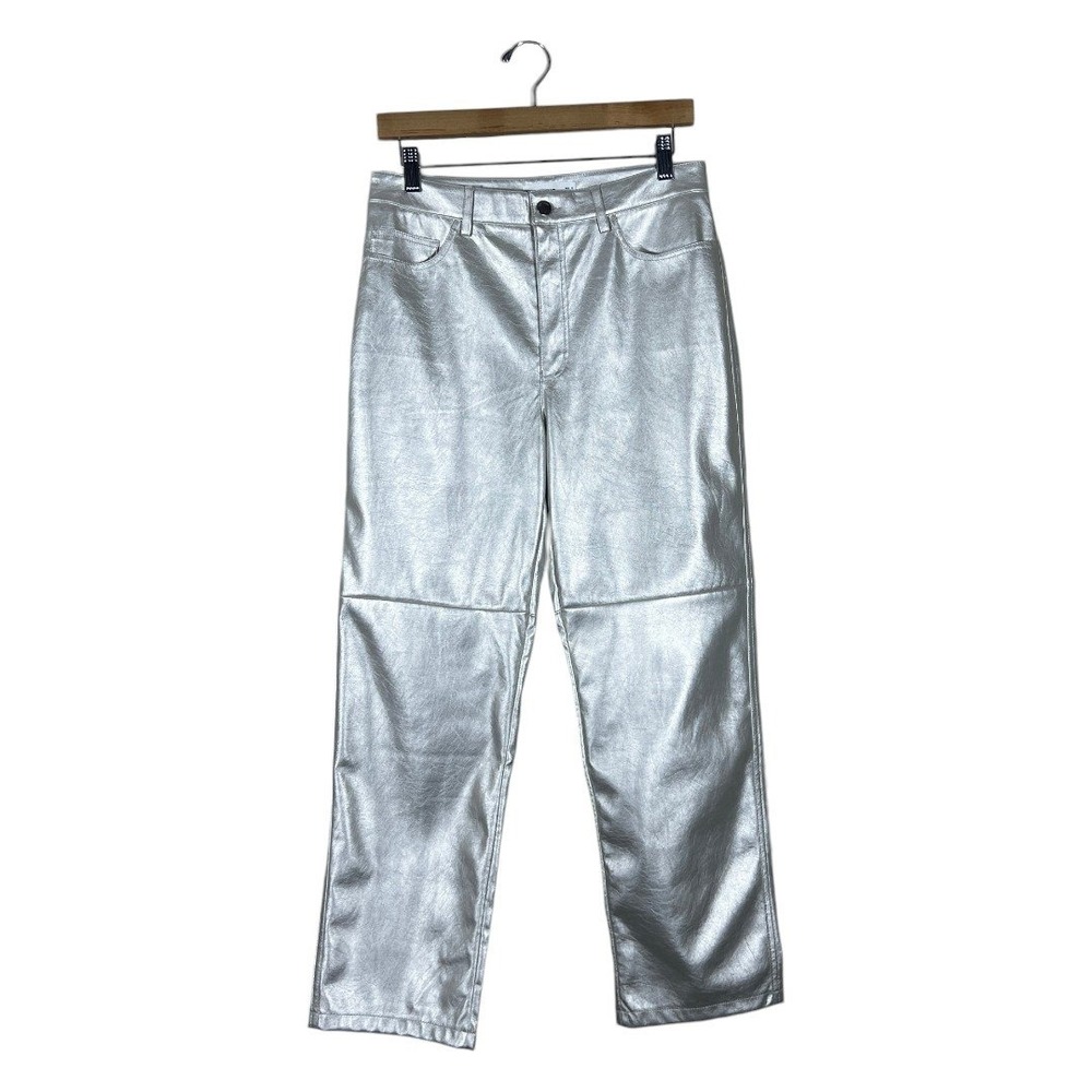 Mango MNG Metallic Silver Faux Leather Straight Leg Pants Futuristic Size 8